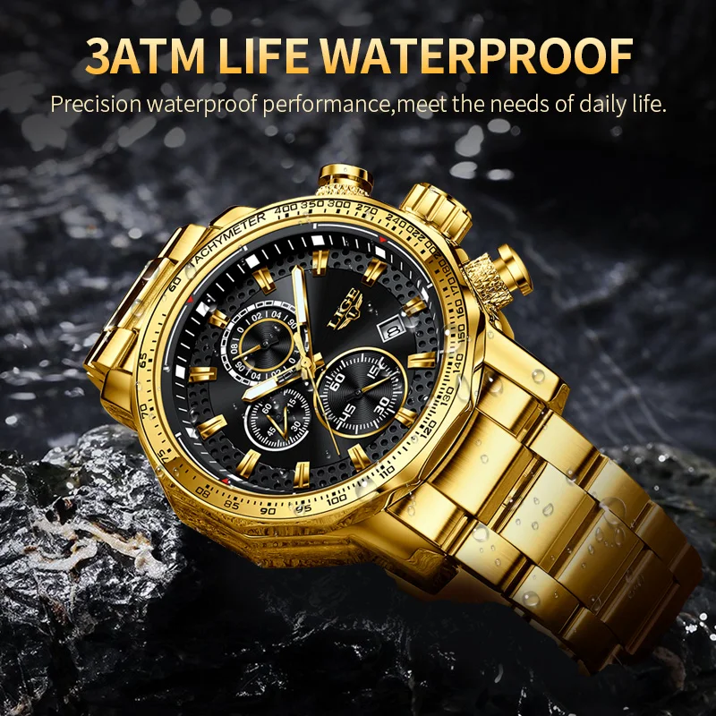 LIGE Men Big Watches Brand Sport Watch Men Luxury Military Steel Quartz Wrist Watches Chronograph Gold Clock Relogios Masculino