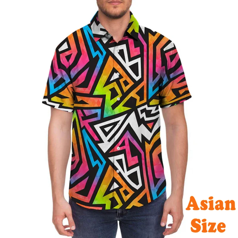 Colorful Artistic Geometric Shirt For Men's Daily Street Hip Hop Graffiti Hawaii Shirt Harajuku Fashion 2025 New Button Blouse