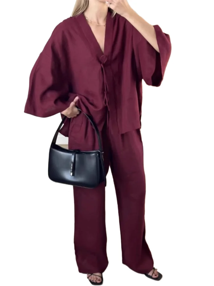 

Summer Pants Sets Bat Sleeve V-Neck Blouse Casual Trousers 2 Piece Sets For Woman Fashion Street Suit Loose Simple Style Outfits