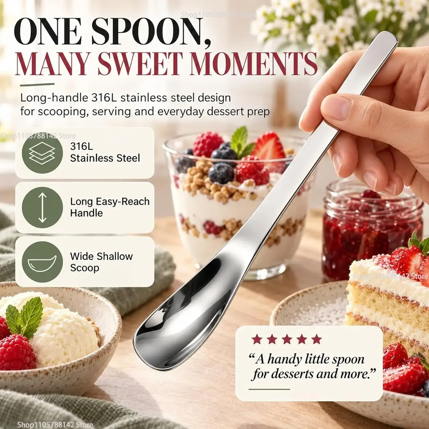 New Long Handle Stainless Steel Dessert Spoon 316L Ice Cream Spade,Kitchen Tool with Rounded Mirror-Polished Finish