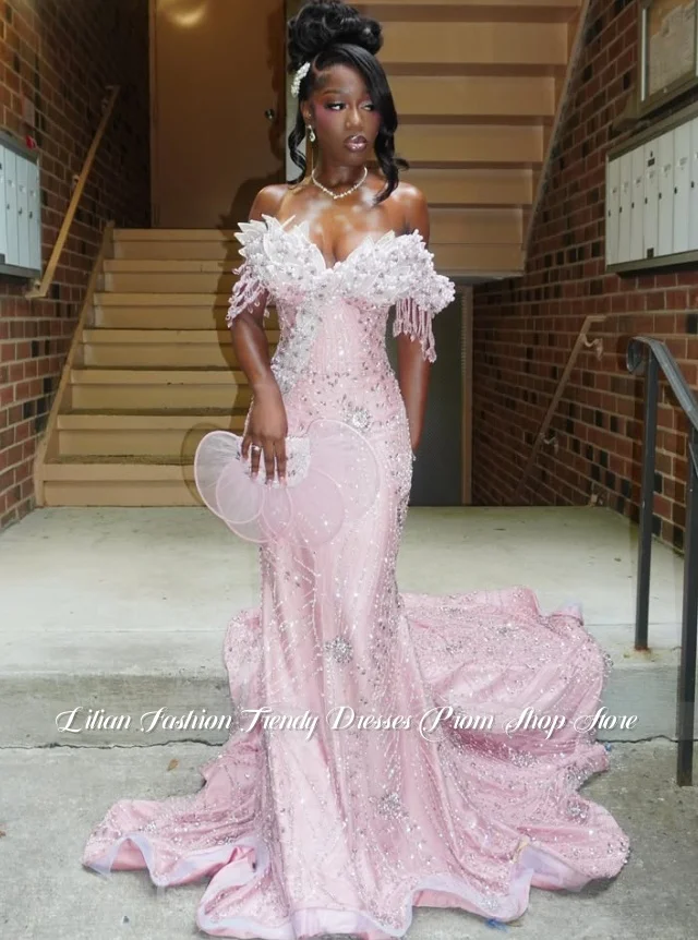

Baby Pink Glamorous Off-the-Shoulder Black Girl Wedding Dress Customized Luxury Gemstone Mermaid Wedding Gown Homecoming Dress