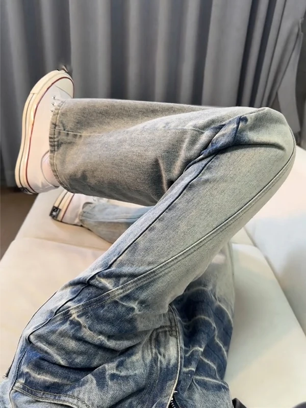 

Cleanfit Men's Denim Jeans Side Slit Lightning Pattern Slimming Flared Washed mid Waist Straight Leg Casual Jeans
