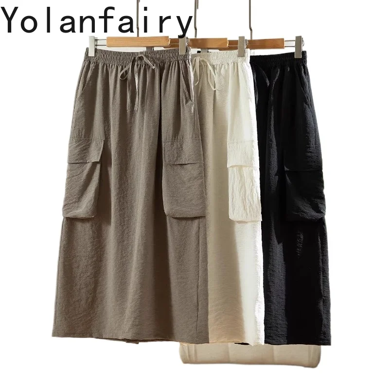 YOLANFAIRY 78% Real Mulberry Silk Skirts for Women Summer Fashion Dry Silk Cargo Skirt Woman Elastic Waist Black Skirt Casual