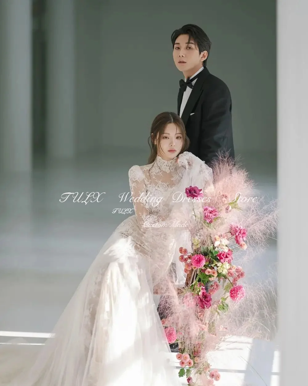 Gaun pernikahan renda elegan TULX pengambilan foto Korea gaun pengantin leher tinggi garis A lengan panjang lantai risleting 드드rick Big Made buatan khusus