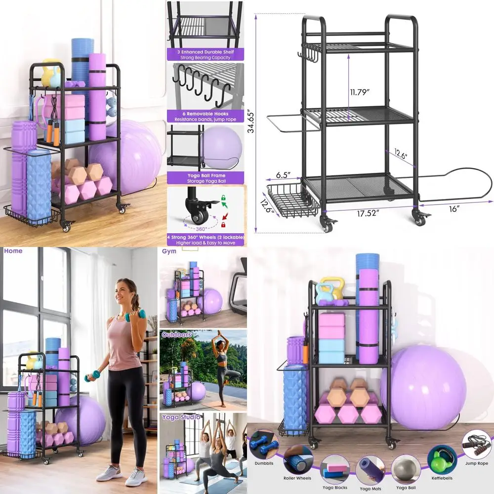 

Стеллаж для хранения домашнего спортзала Органайзер для хранения оборудования для упражнений или коврик для йоги Тупые пальмы Чайники oam Roller Ремешок для йоги и ремешки для йоги, Ideal Yo