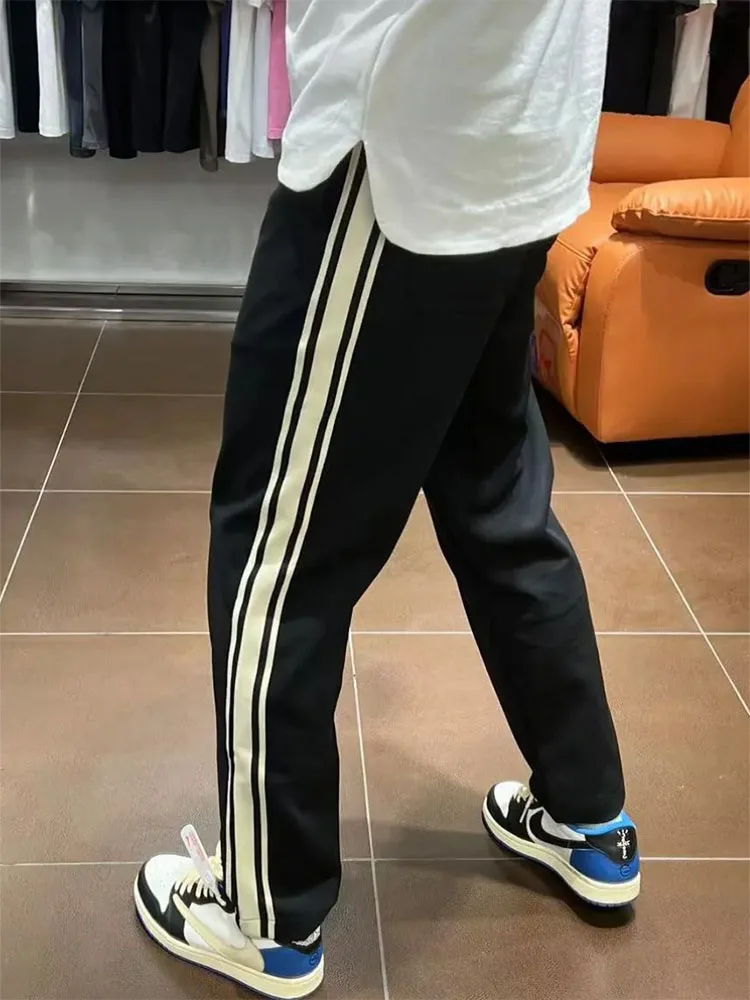 

Мужские широкие прямые брюки в стиле пэчворк с полосками, повседневные, спортивные, свободного кроя, модные, больших размеров, городской стиль