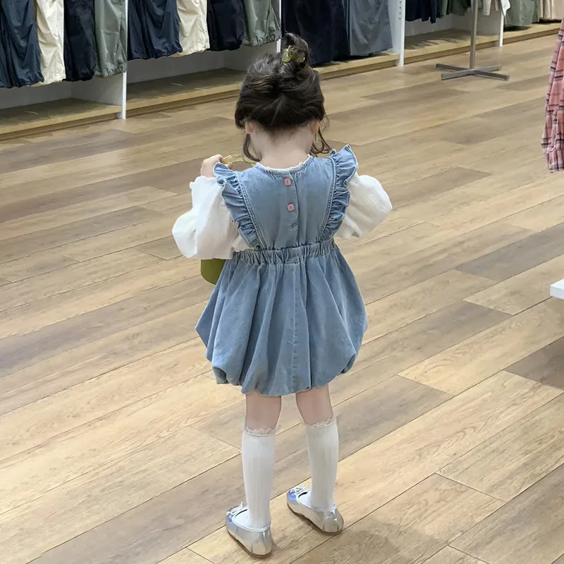 Korean Spring Little Girl 2PCS Clothes Set Solid Long Sleeve Shirt Tulip Pattern Ruffle Denim Floral Bud Sundress Baby Girl Suit