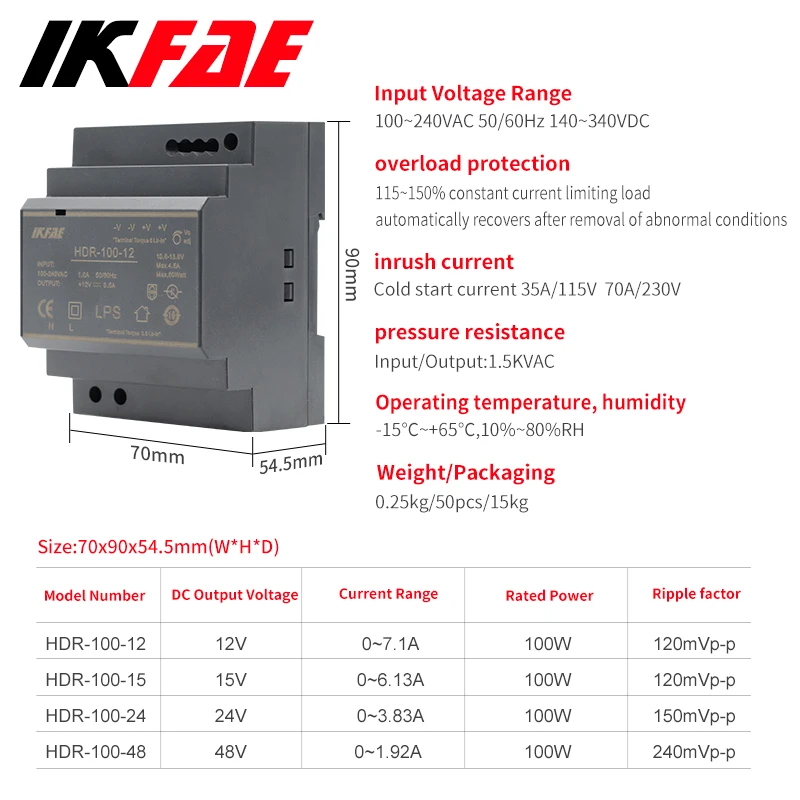 HDR-15 15W Input 100-240V Output 5V 12V 24V 48V  Ultra Slim DIN Rail Power Supply Switching  Mode Power Supply