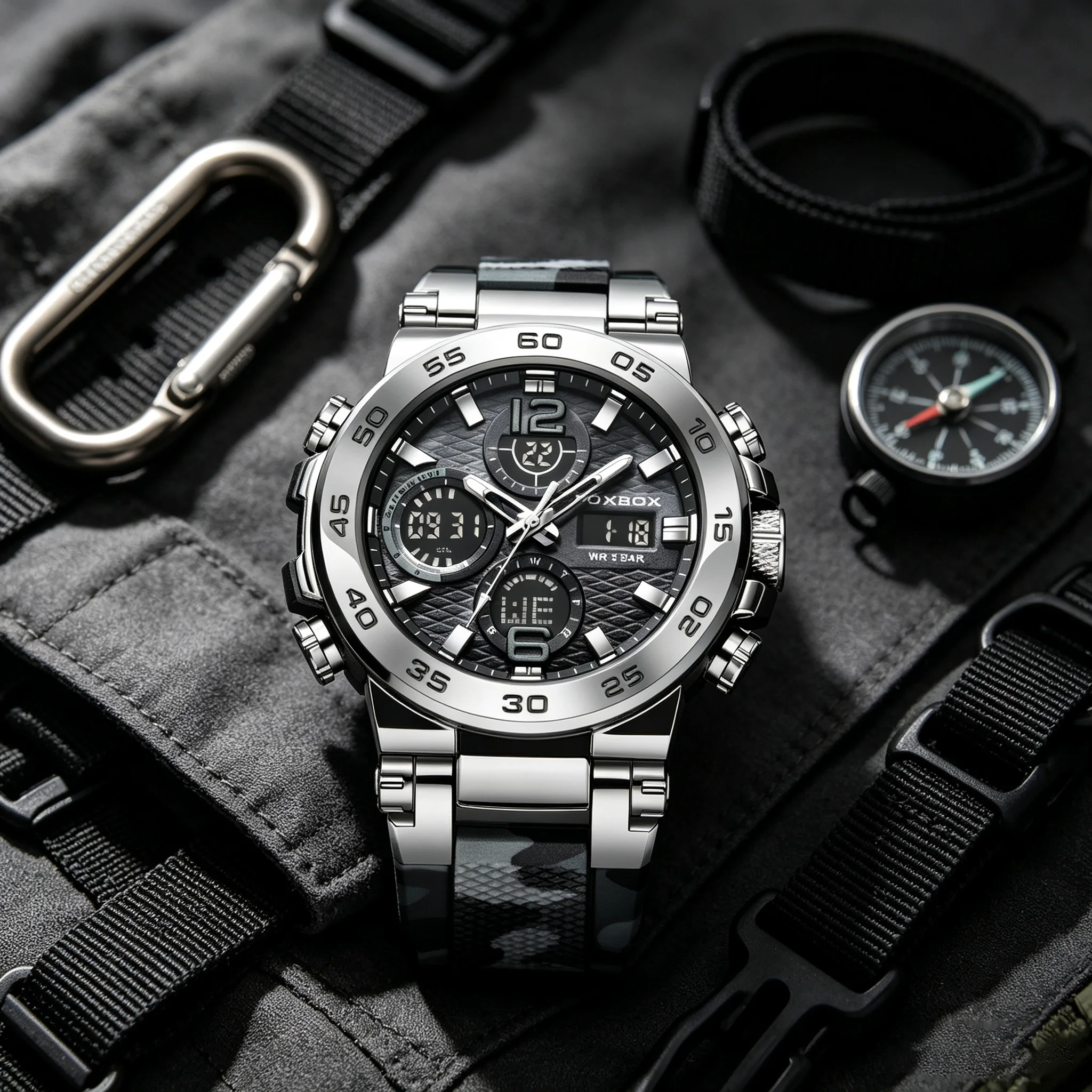 FOXBOX Fashion Men's Camouflage G-Style Military Electronic Watch Sports Multifunctional Dual Display Waterproof Men's Watch