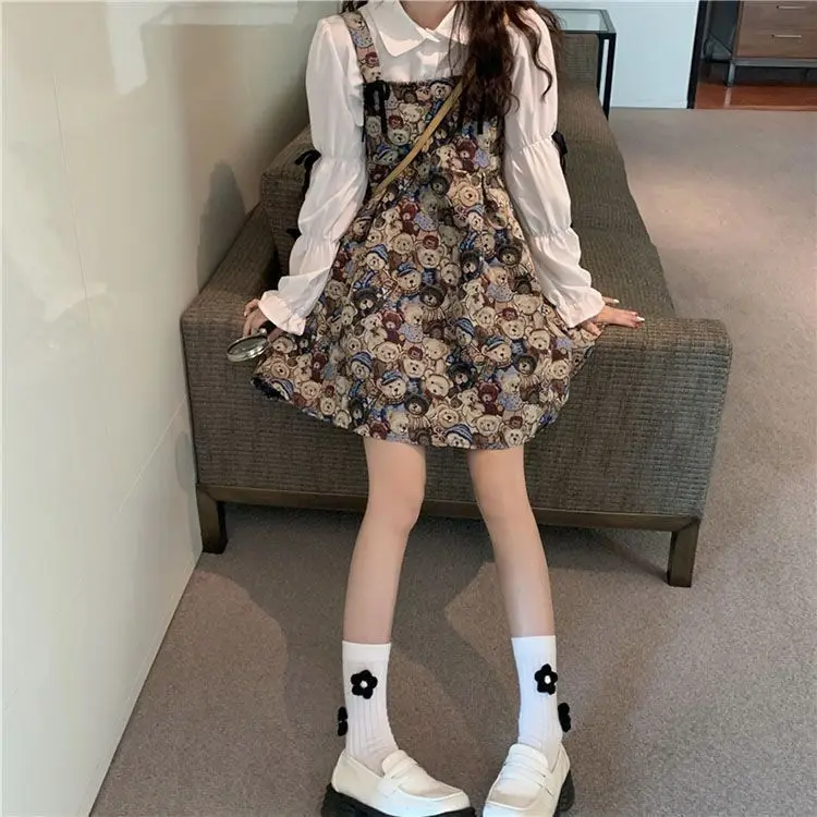 Sweet New Long Sleeve Set Design Dress Bow Shirt Two Little Bear Strap Skirt