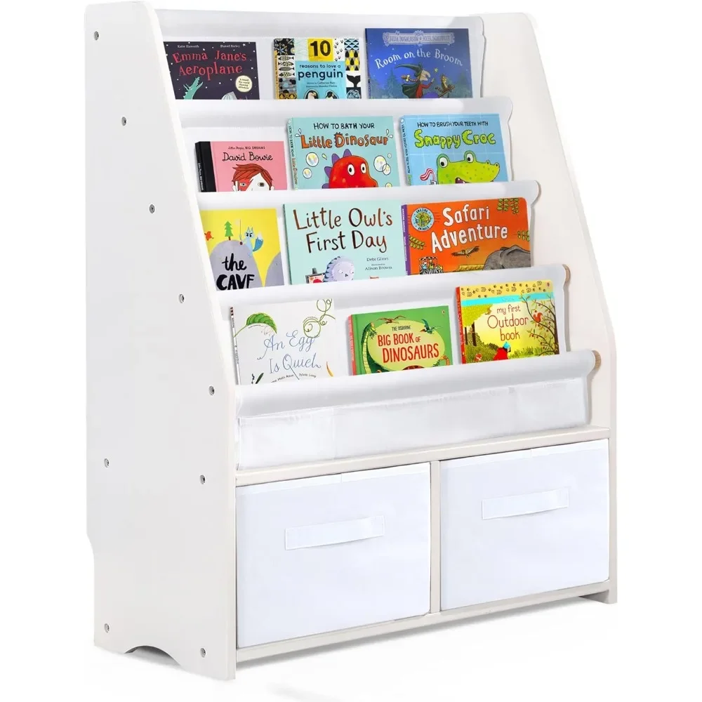 

Children Bookshelf Kids Sling Book Rack with Two Storage Boxes and Toys Organizer Shelves Natural Solid Wood Baby Bookcase