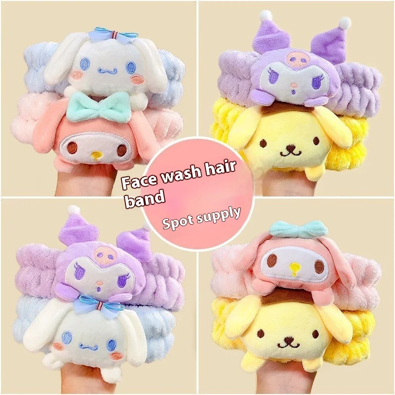 Sanrio Cinnamoroll Kawaii Kuromi Melody Sweet Non Slip Elastic Cute Girl Hair Accessories Plush Doll Face Wash Makeup Hairband