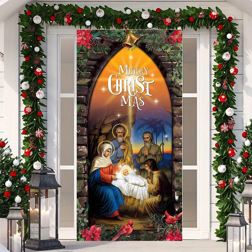 مشهد ميلاد يسوع خلفية عيد الميلاد السنة الجديدة النجوم الساطعة راية الأسرة المقدسة المنزل الدينية الجدار الديكور غطاء الباب #2