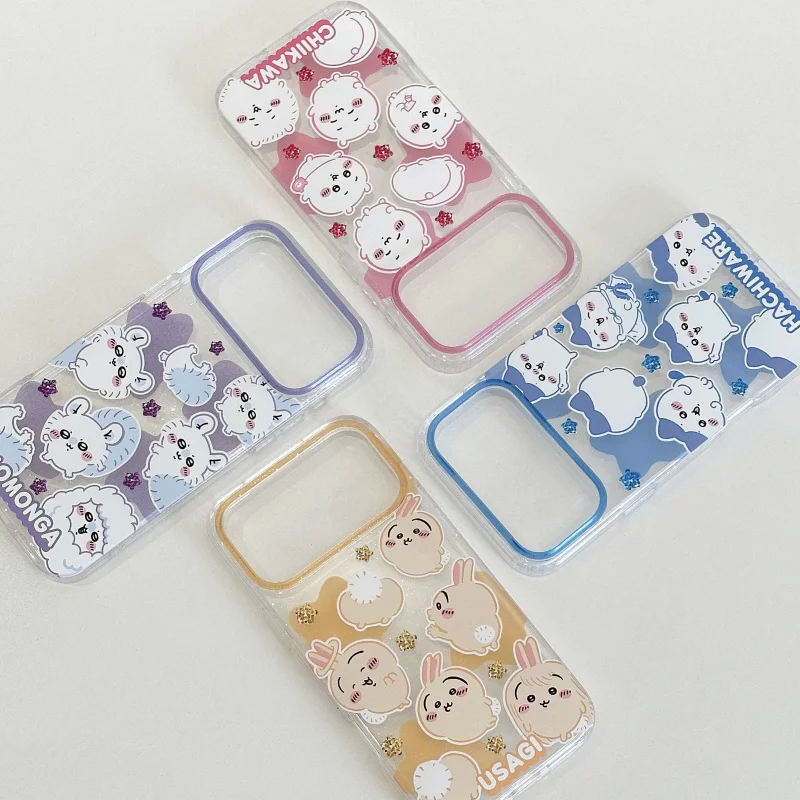 Cartoon Chiikawa Transparent Glitter Phone Case for iPhone 17 Pro Max 16 15 14 13 12 Hachiware Usagi Momonga Shockproof Funda