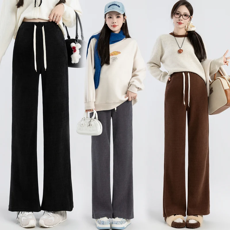 Winter Pregnant Woman Boot Cut Thick Warm Fleece Trousers Drawstring Waist Maternity Corduroy Pants Elegant Pregnancy Clothes