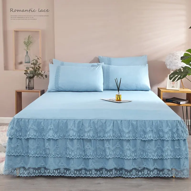 Conjunto de saia de cama com babados, capa de colchão antiderrapante, estilo princesa, sem pilling, quarto, 3 peças