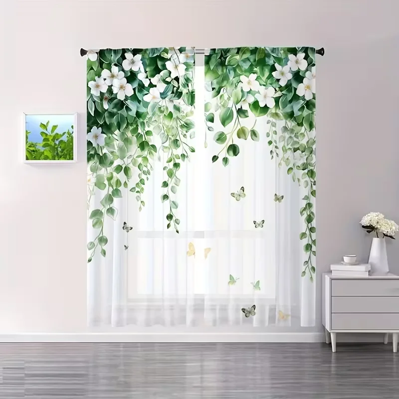 2 Stück Aquarell-Verdunkelungsvorhänge mit grünen Ranken und weißen Blumen – luxuriöse botanische Fenstervorhänge mit Schmetterlingen
