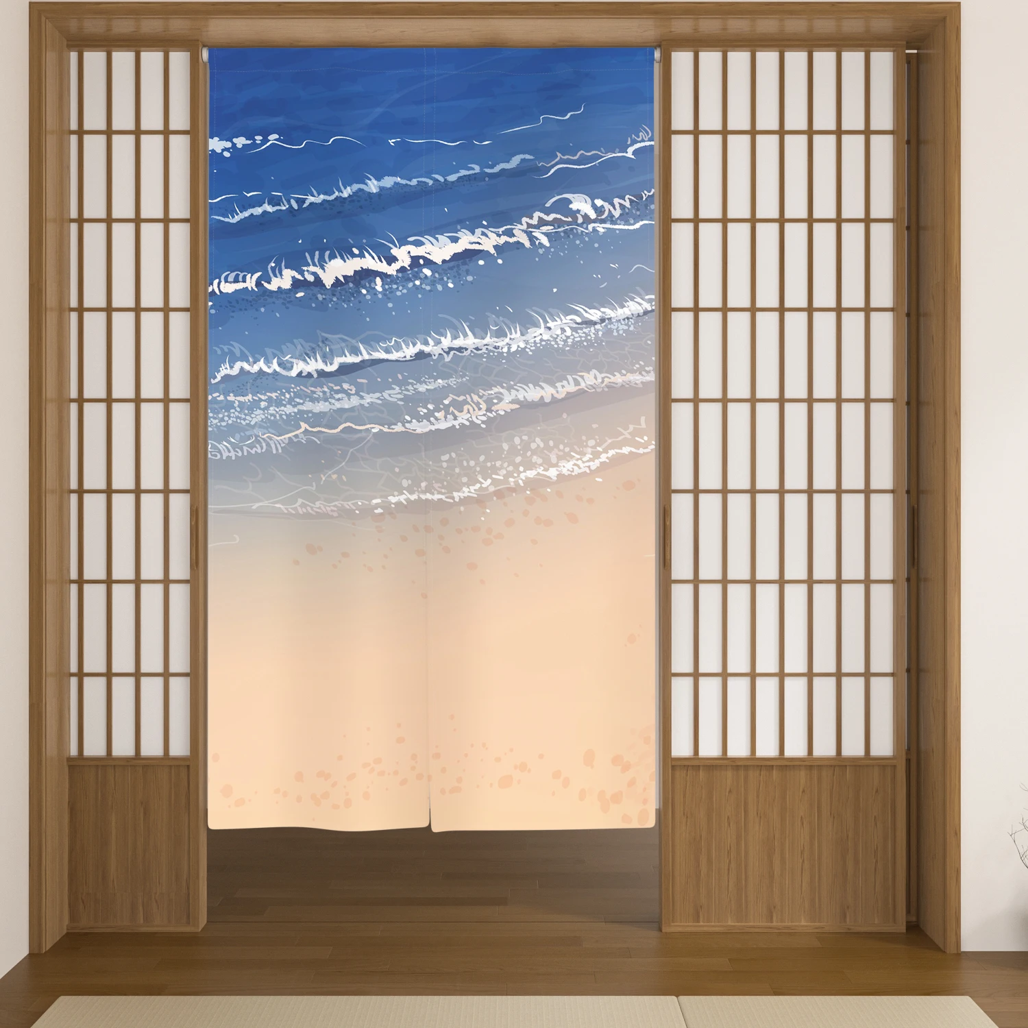 Fresh Beach Noren Door Curtains Pink Sand Blue Sea Dining Room Partition Doorway Curtains Kitchen Entrance Hanging Half-Curtain