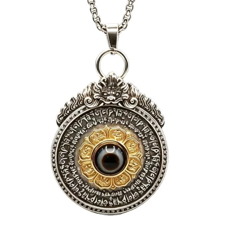 Blessing Eight Treasures of Buddhism Eye Lotus Necklace Women Jewelry Retro Relief Flame Beast Mantra Wheel Pendant For Men view 5