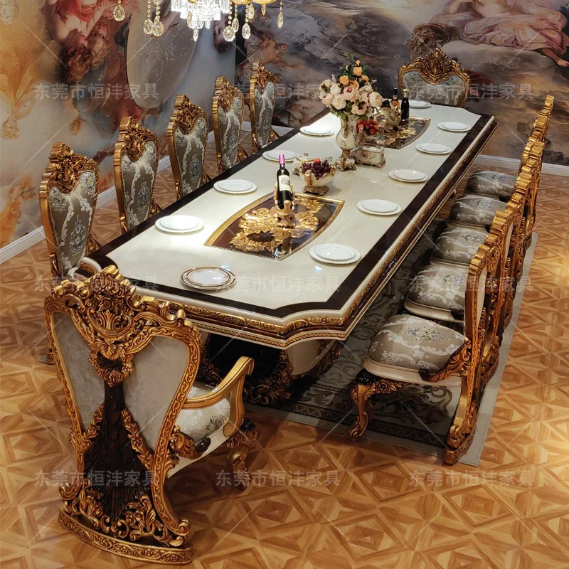 French Furniture European Court Restaurant retro luxury handmade solid wood carving table and chair set for 12 people