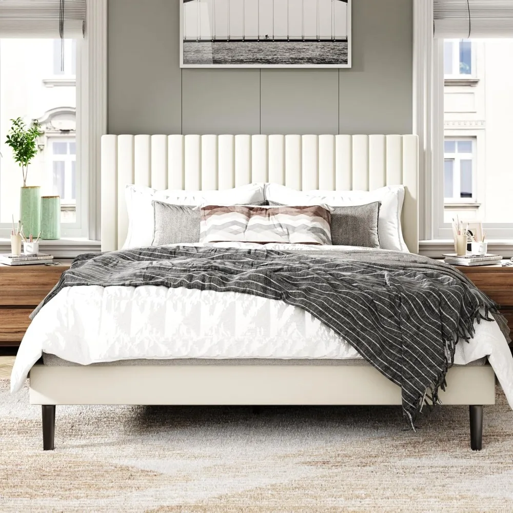 

Queen Size Bed Frame with Velvet Upholstered Headboard, Platform Bed with Strong Wood Slats, Mattress Foundation