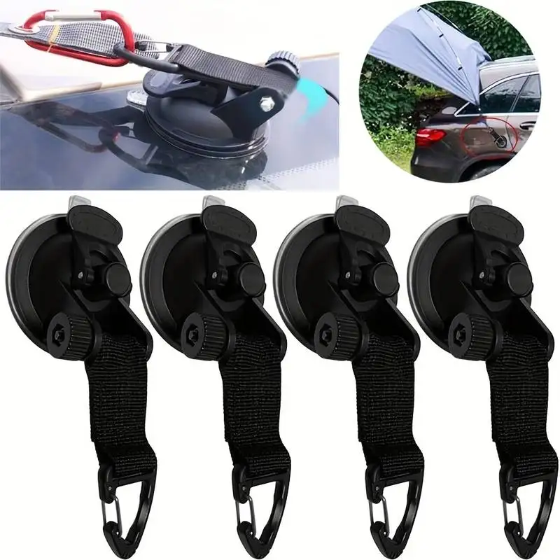 4Pcs Strong Car Vacuum Suction Cup Anchor Outdoor Tent Securing Hook Heavy Duty Tie Down Camping Canopy Awning Tarp Carabiner