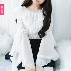 Lace Patchwork Chiffon Blouses Top Summer Lovely Girl's Big Flare Sleeves Lolita Short Chiffon Blusas Summer Shirt Women