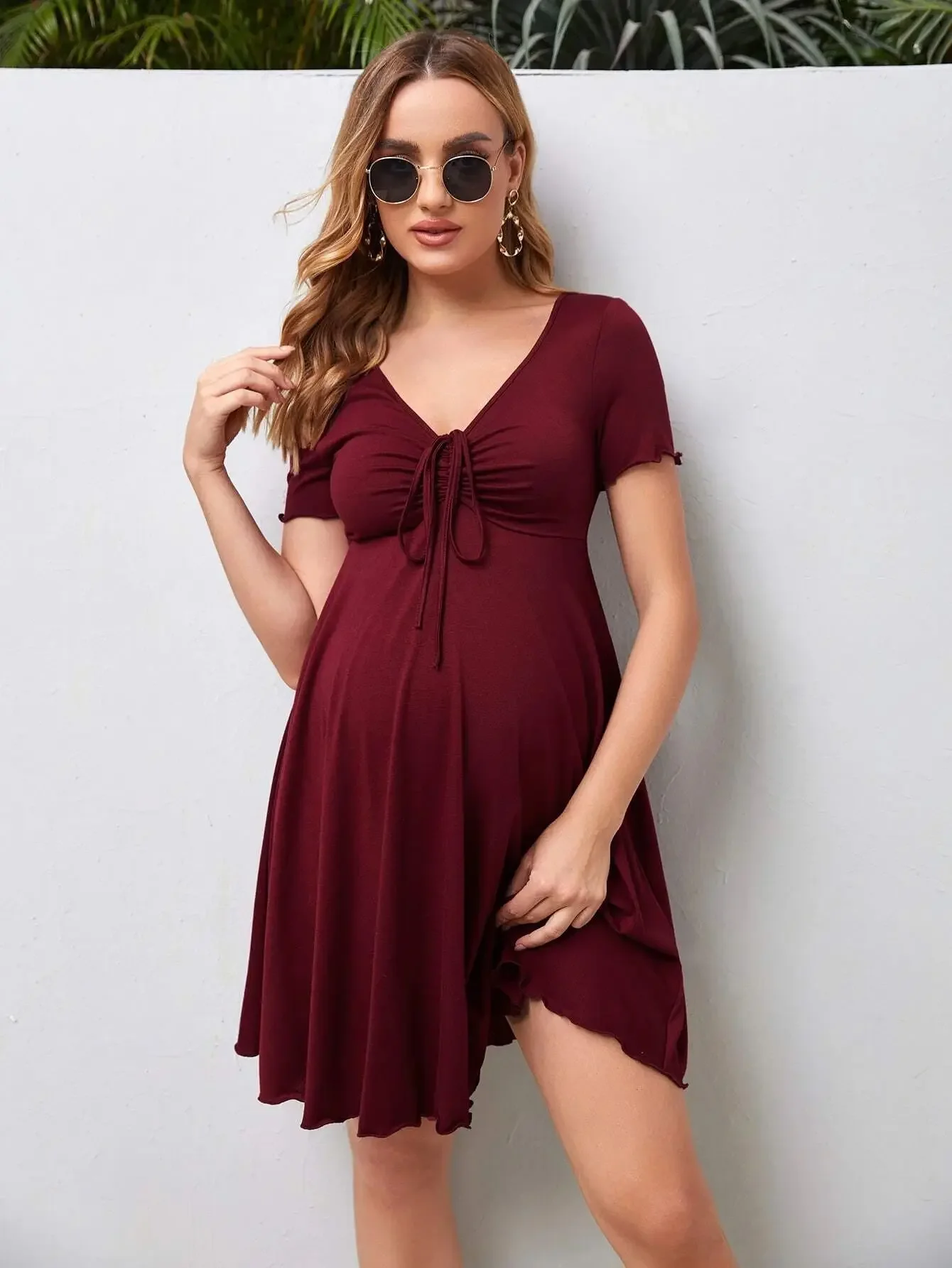 

Maternity Drawstring Dress Maternity Clothes Summer Casual Pregnant Women Short Sleeve V-Neck Dress Vestidos Pregnancy Clothing