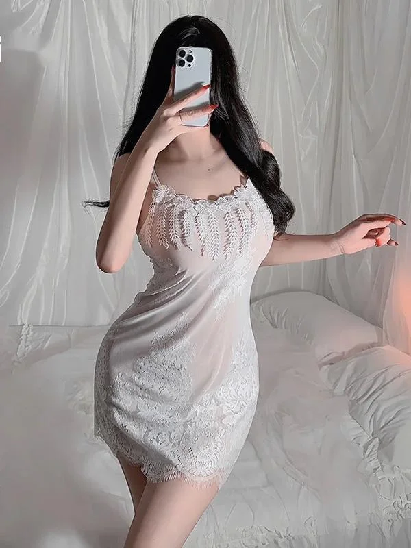 

Sexy Slash Neck Gauze Short Beach Dress Elegant Summer New Eyelash Edge Perspective Embroidery Sexy Sling Women's Dress New RO70