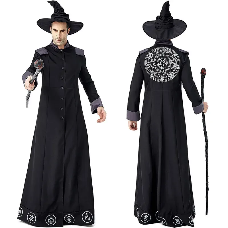 Adult Magic Wizard Sorcerer Warlock Costume Magician Cosplay for Men Halloween Purim Party Costumes Fancy Dress