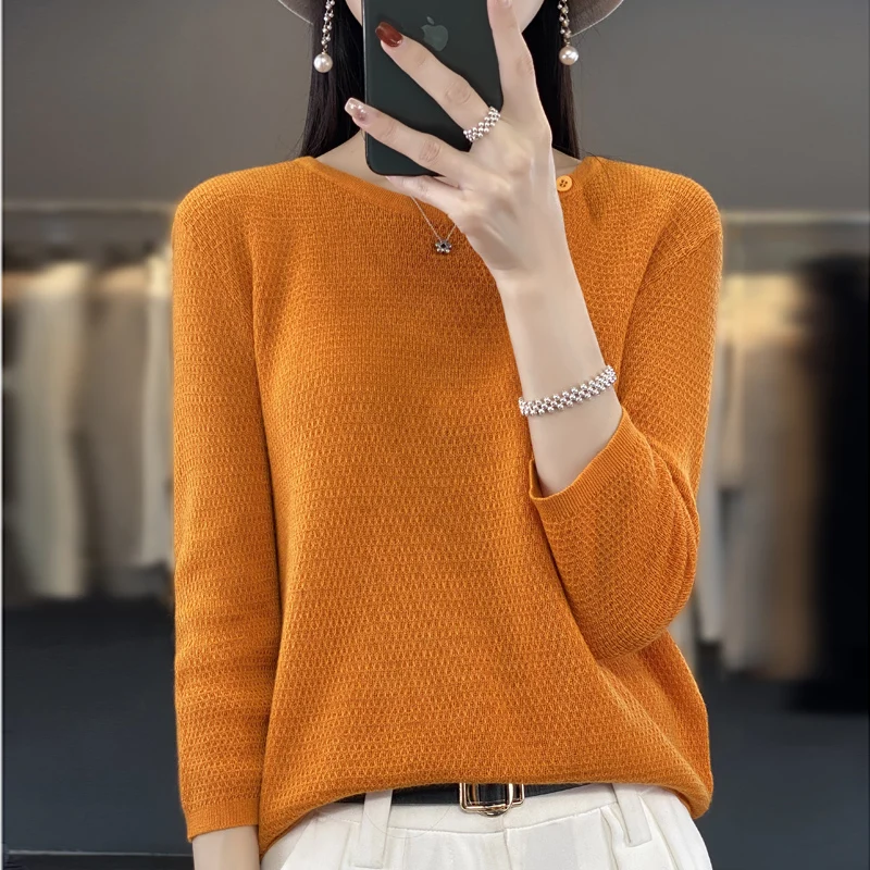 Spring and Autumn Seven-Sleeve Worsted Sweater Round Neck Thin Loose Bottom Shirt Simple Fashion Top Woman