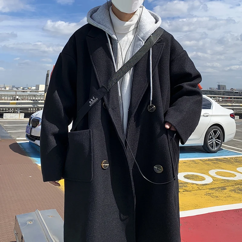 

Thiened Woolen Coat for Men Winter Casual Faion Brand Patchwork Hat Loose Middle-Length Tweed Jaet Youth Sle