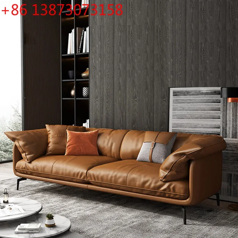

Italian simple cowhide sofa light luxury small apartment straight leather sofa