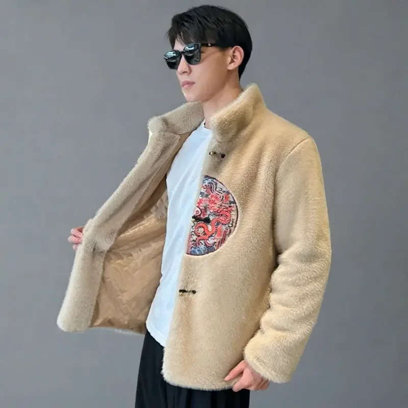 Winter Fur Jacket Embroidery Men's Clothing Warm Buttons Mens Faux Fur Coat Long Sleeve Thick Vintage Coat Luxury Brand Coats