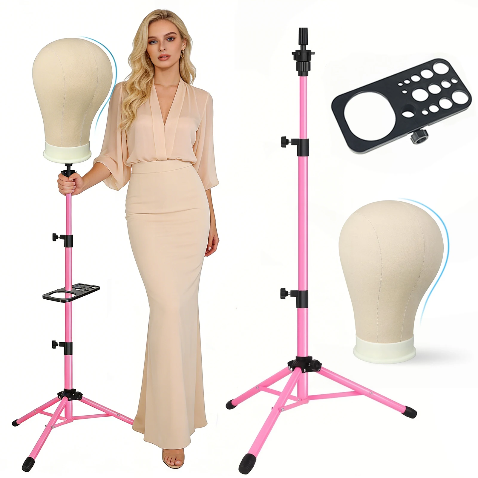 

pink wig Tripod Stand with tray With Canvas Block Head Training Mannequin Manikin Head Styling Making Wig Holder for wigs making