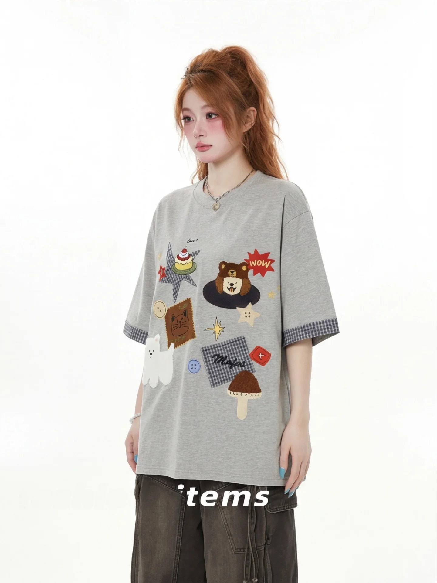 

American Retro Cartoon Patchwork Embroidery Short Sleeve T-Shirt Women Summer New Grey Shoulder Loose Casual Top