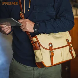 PNDME borsa a tracolla da uomo in vera pelle di tela Vintage di alta qualità Designer borsa a tracolla da lavoro da viaggio per il fine settimana all'aperto di lusso