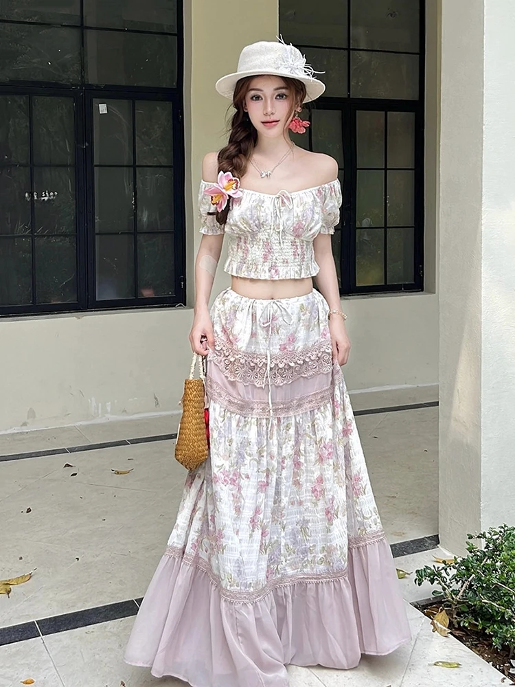 REDDACHiC Cottagecore Floral Crop Top Skirt Set Women Coquette Cinched Tube Top Low Waist Maxi Skirt Vacation Summer Clothes