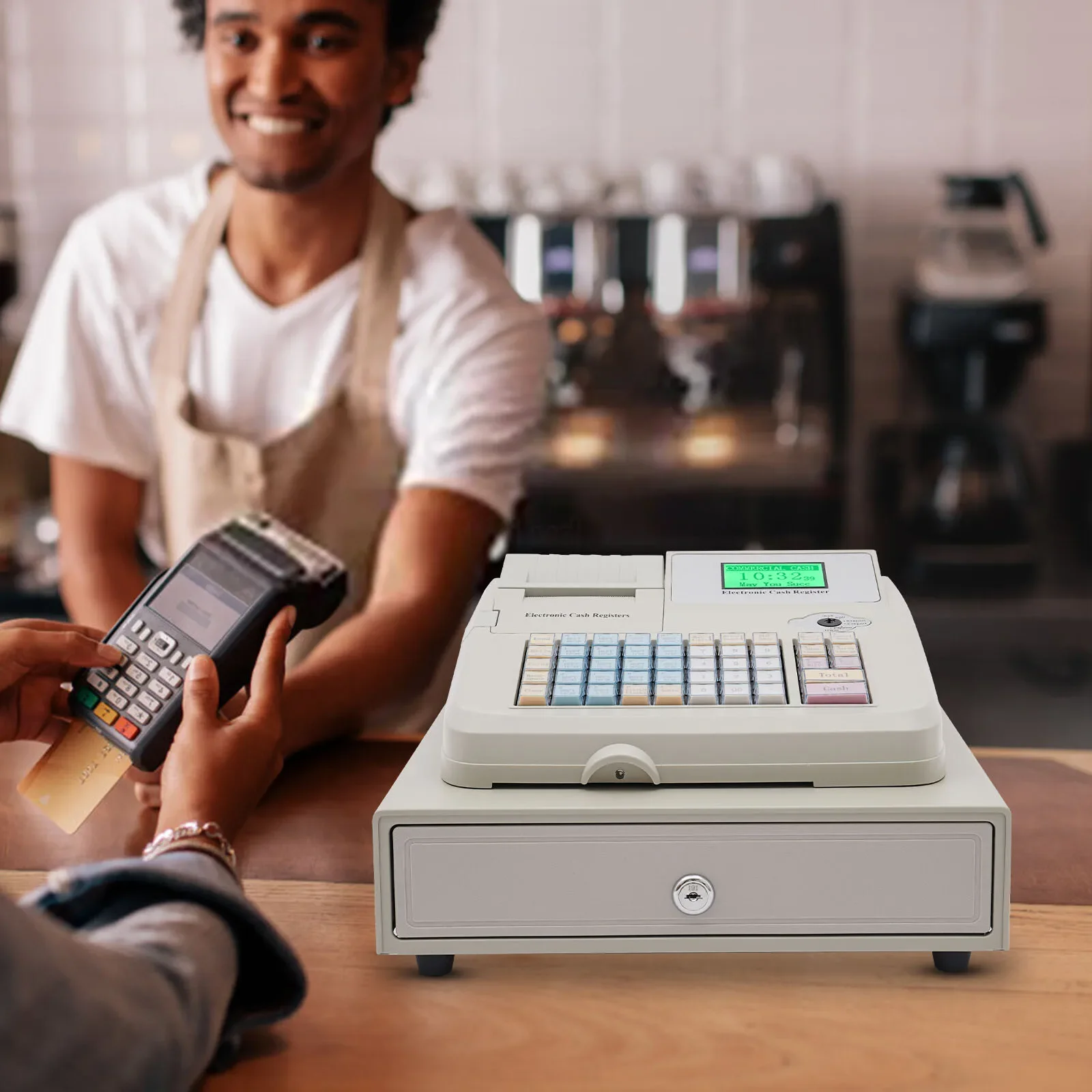 ระบบ POS 48 คีย์สำหรับร้านค้าปลีก - เครื่องบันทึกเงินสดอิเล็กทรอนิกส์พร้อมจอ LCD ใช้ในธุรกิจ