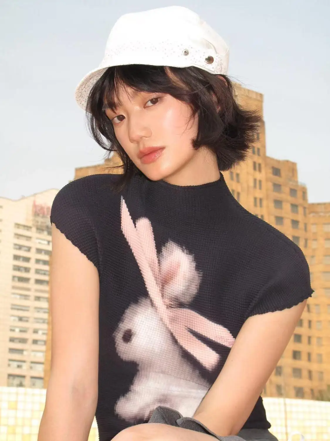 Camisetas tipo túnica de conejo con lazo para mujer, camisetas ajustadas de manga corta, camisetas teñidas con lazo, Tops cortos, estética de los años 2000, Kpop Kawaii Sexy