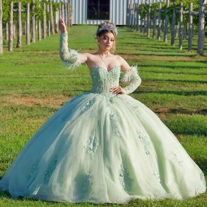 Светло-зеленое бальное платье Quinceanera Dress 2025 со съемными рукавами XV Floral Princess Vestidos De 15 Años Платье на день рождения Sweet 16