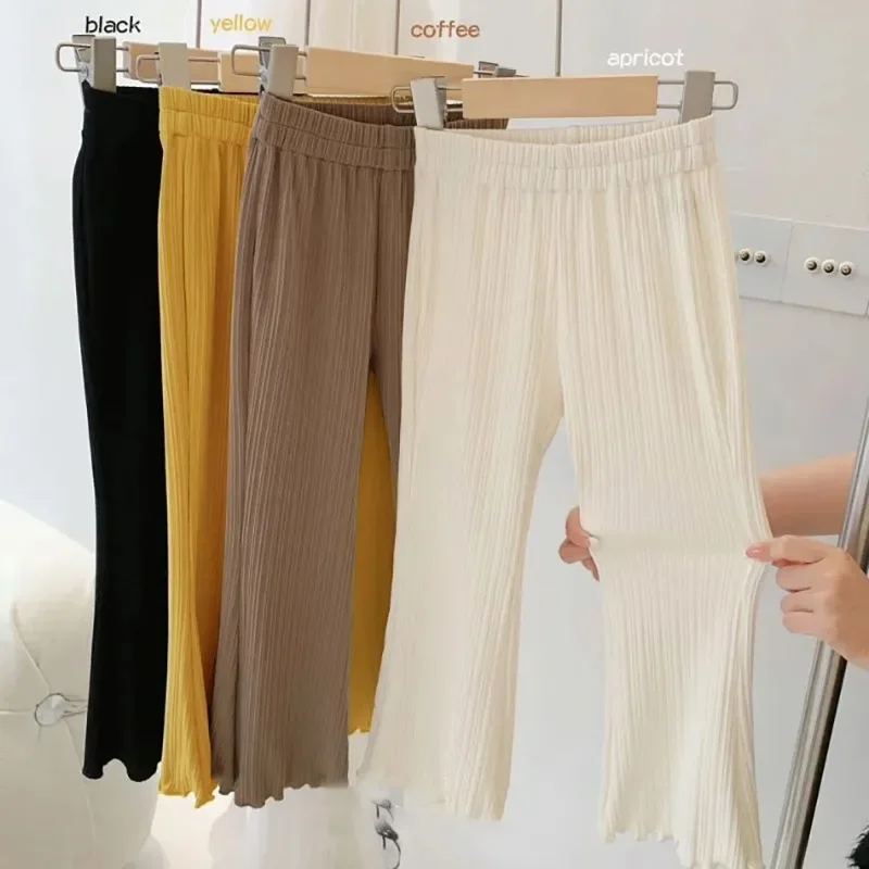 Children Summer Solid Color Thin Ribbed Knit Flared Pants Girls Casual Trousers Korea Fashion Pants Girl Princess Style Capris