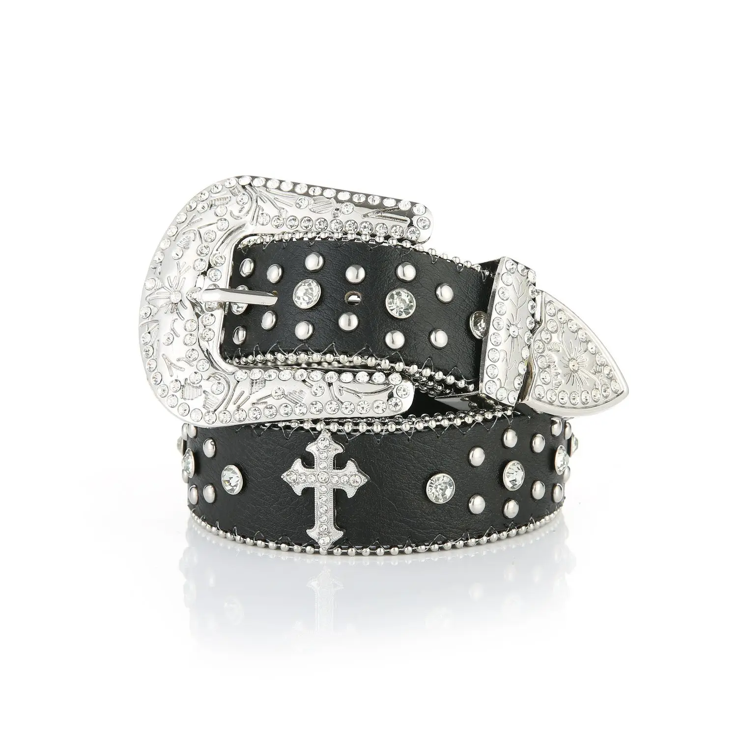 Y2K belt rhinestone belt wide flash diamond alloy pin buckle edge bead rivet hip hop punk cross