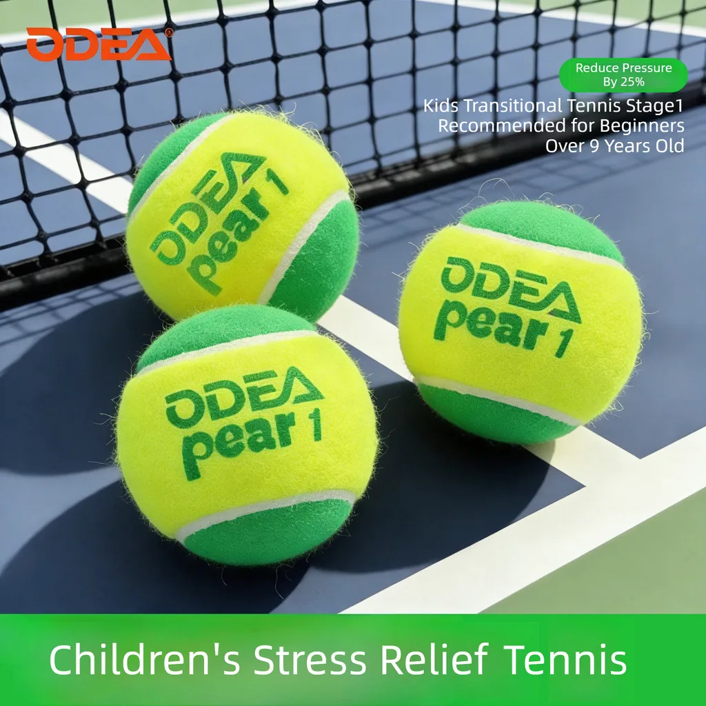 ODEA Pear 1 Stage 1 Green Kids Tennis Balls，25% Low Compression Training Balls for Children Over 9 Years Old and Beginner