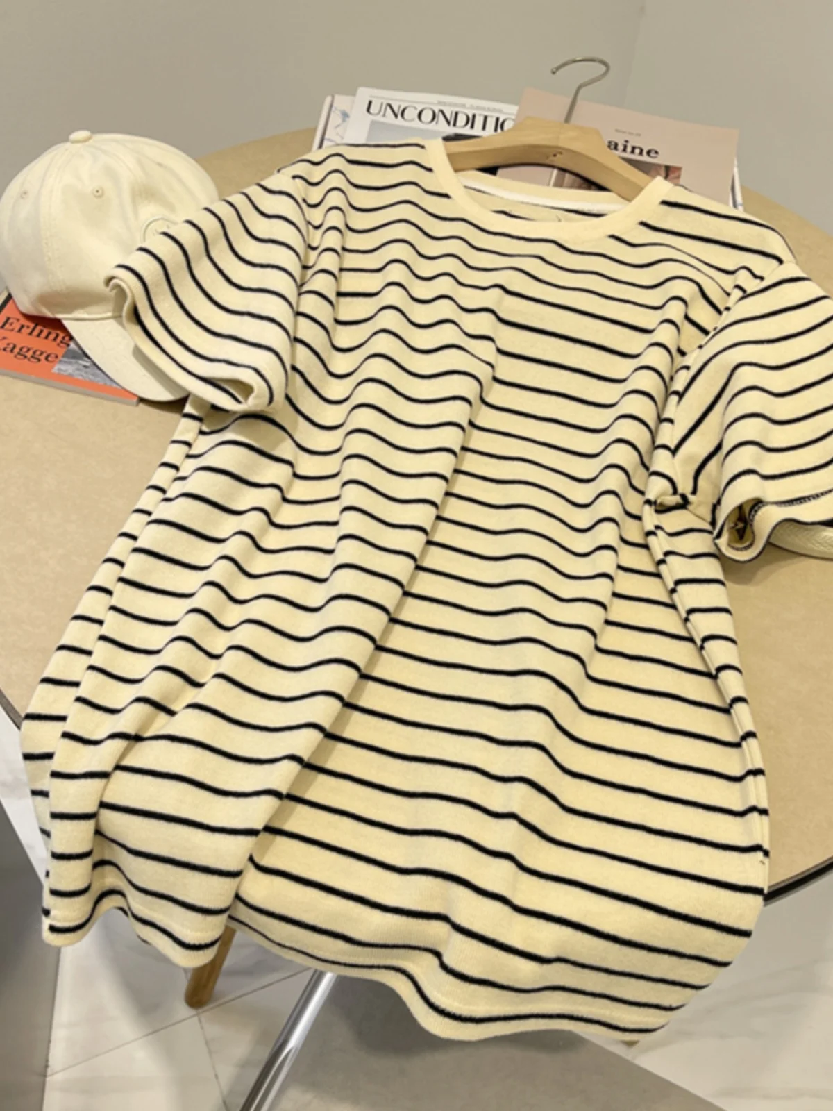 Grande taille coupe ample rayé ort Sve coton T-shirt femmes été décontracté Sle rond Ne imprimé Version coréenne haut