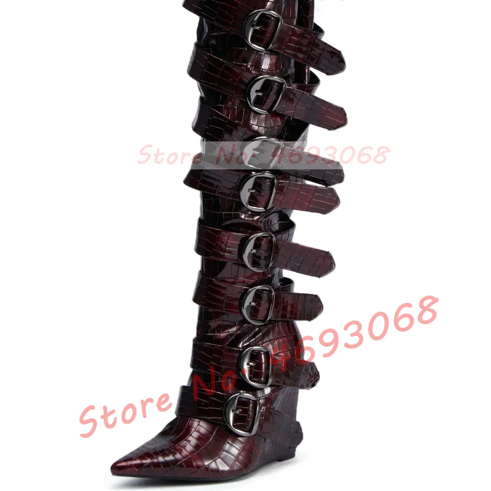 Burgundy Patent Leather Wedge Long Boots Women Sexy Multi Belt Buckle Pointed Toe Shoes Metal Decor Winter New Over Knee Boots