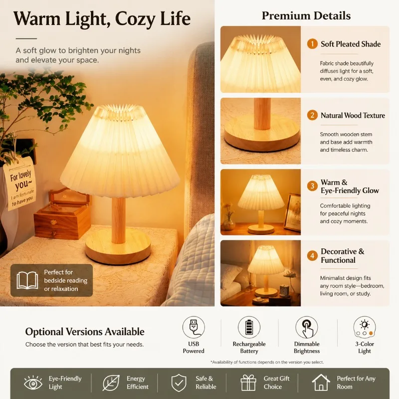 Creative Minimalist Light Luxury Wood Table Lamp with USB Port Dimmable Tricolor Remote Touch Charge for Bedside Study Decor