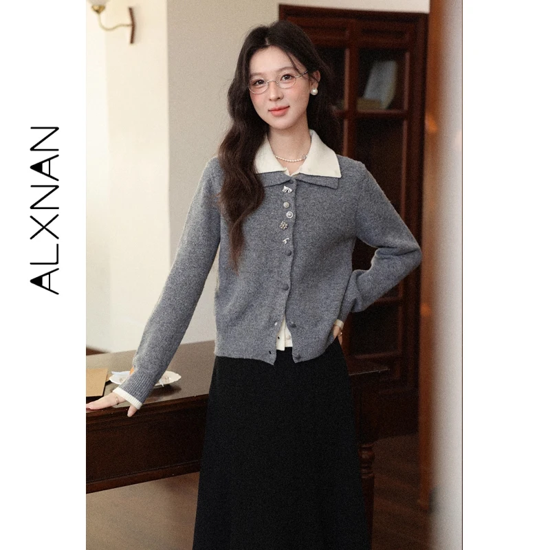 سترة شتوية نسائية من ALXNAN سترة شتوية رمادية اللون مكونة من قطعتين سترة دافئة غير رسمية فضفاضة بأزرار أنيقة وأكمام طويلة سترة نسائية متماسكة L59709 #1