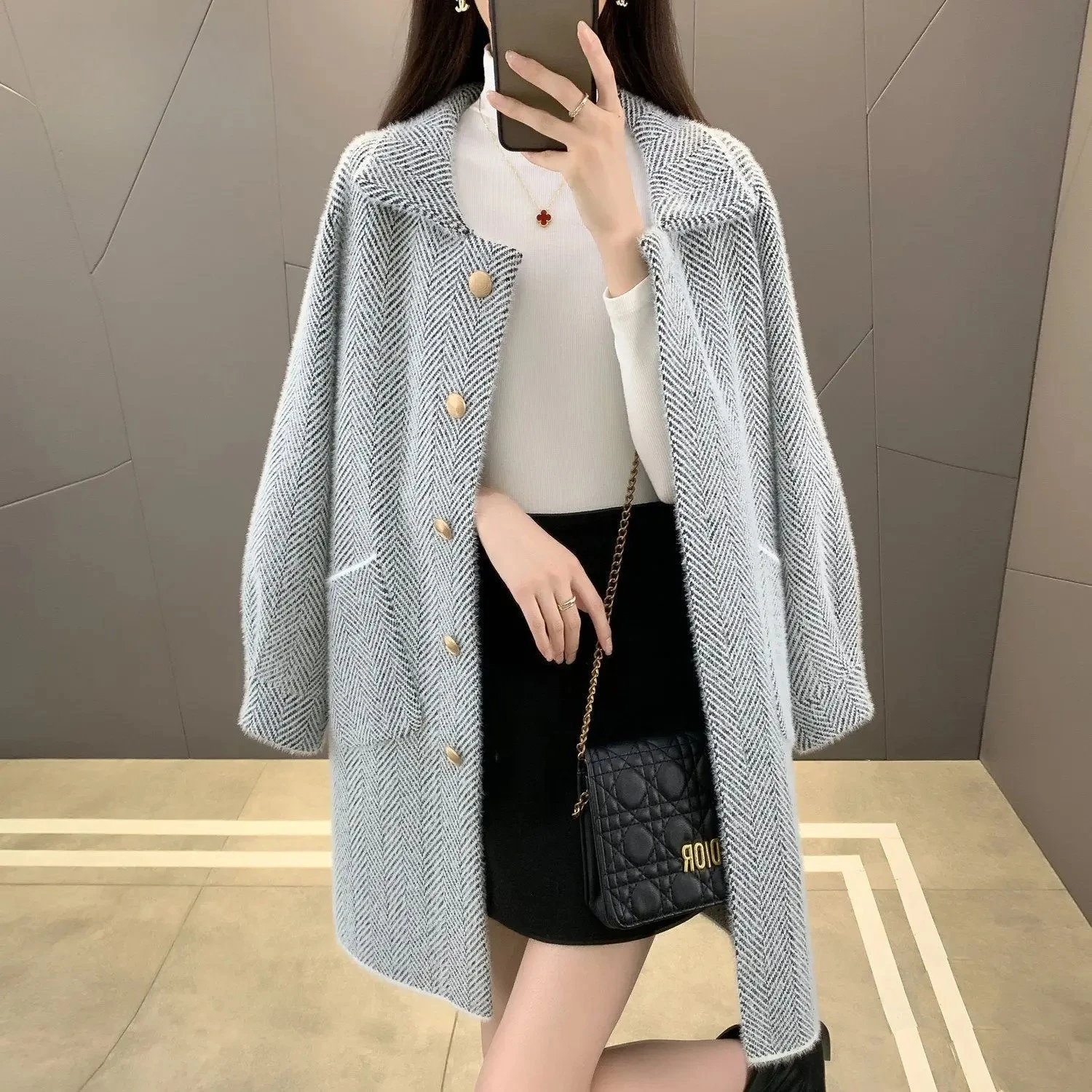 Imitation Mink Fur Medium Long Coat for Women Fashionable Knitted Cardigan Loose and Versatile Woolen Coat for Women