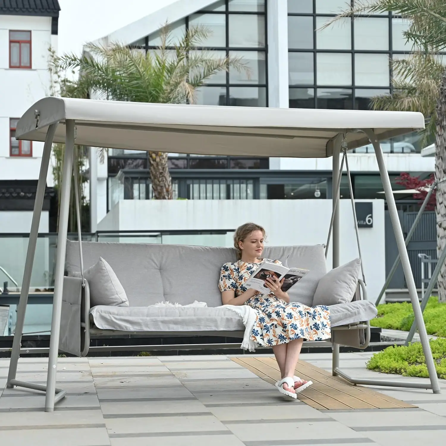 

3-Seat Patio Swing Chair with Adjustable Canopy, Steel Frame, Thick Cushion & Pillows, Champagne